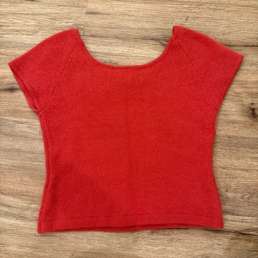 Vtg Cropped Sweater Women’s M Red Rabbit Angora Wool Rhinestones Flower Y2K - Picture 2 of 7